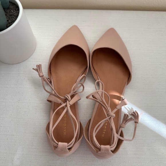 New Halogen Blush Leather Pointed Wrap Around Ankle Tassels Flats Women’s 10M - Picture 8 of 13